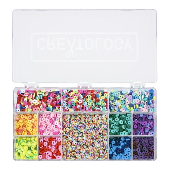 Mixed Clay Heishi Bead Box by Creatology Assorted Round - Flower & Square Polymer Clay Beads with Storage Organizer for Jewelry Making & Kids Crafts - 12 Pack