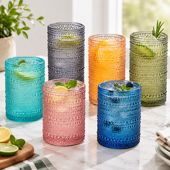 Mixed Color 15 oz Beaded Highball Drinking Glass Set of 6, Colored ...