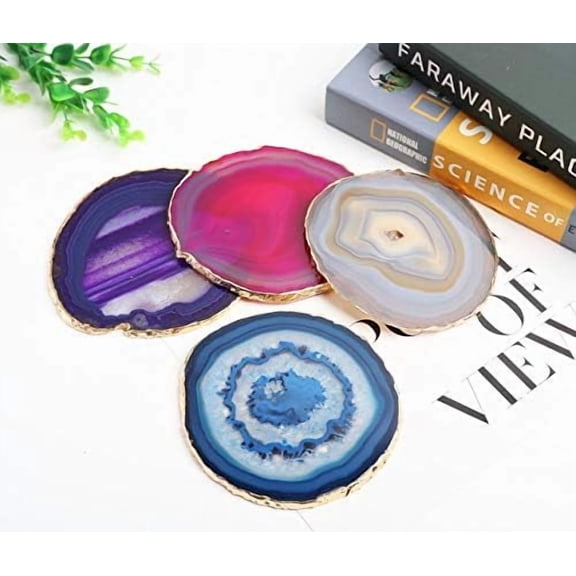 Mixed Color Agate Coasters Set of 4, Dyed Crystal Coaster for Drinks, Geode Coasters with Gold Edge, with Rubber Bumper,Agate Slice Stone Coasters for Coffee Table,Home Decor (3－4")