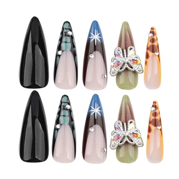 Mixed Color Animal Print Gradient Press on Nails, Long Stiletto Glossy False Nails with Butterfly Charm Rhinestone, 24-30 Count