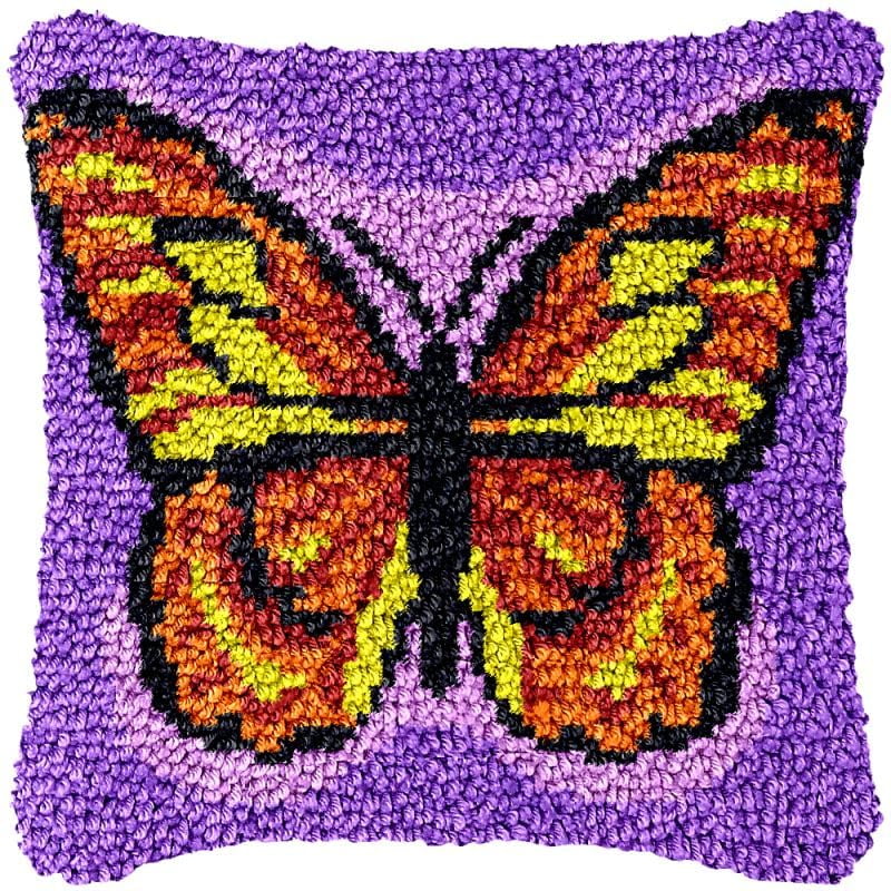 Mixed Color Butterfly Latch Hook Pillow Cover Kits for DIY Handmade Throw Pillow Cross Stitch Latch Hook Pillowcase Rug Kits with Preprinted Color Pattern Canvas Crochet Yarn Kits 17''X 17''(ch133)