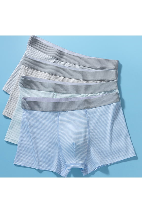 Mixed Color Check Pattern Men's Boxer Shorts 4-Pack, Lightweight Stretch Comfort Basic Everyday Underwear Blue S