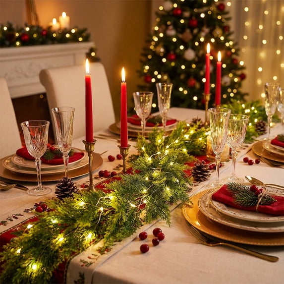 Mixed Color Pine & Cypress Vine Garland - Artificial Greenery with 20 LED Button Lights (Battery Included), Flexible Home & Dining Table Decor, Window Ornaments for Christmas, 68.9in, Green