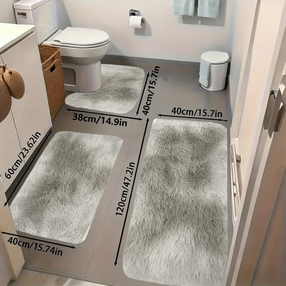 Mixed Color Soft Machine Washable Velvet Fleece Bath Mats Set — Non-Slip, Water Absorbent, Thick Cozy Shampoo Rug for Bathroom, Shower, Toilet Protection Gray