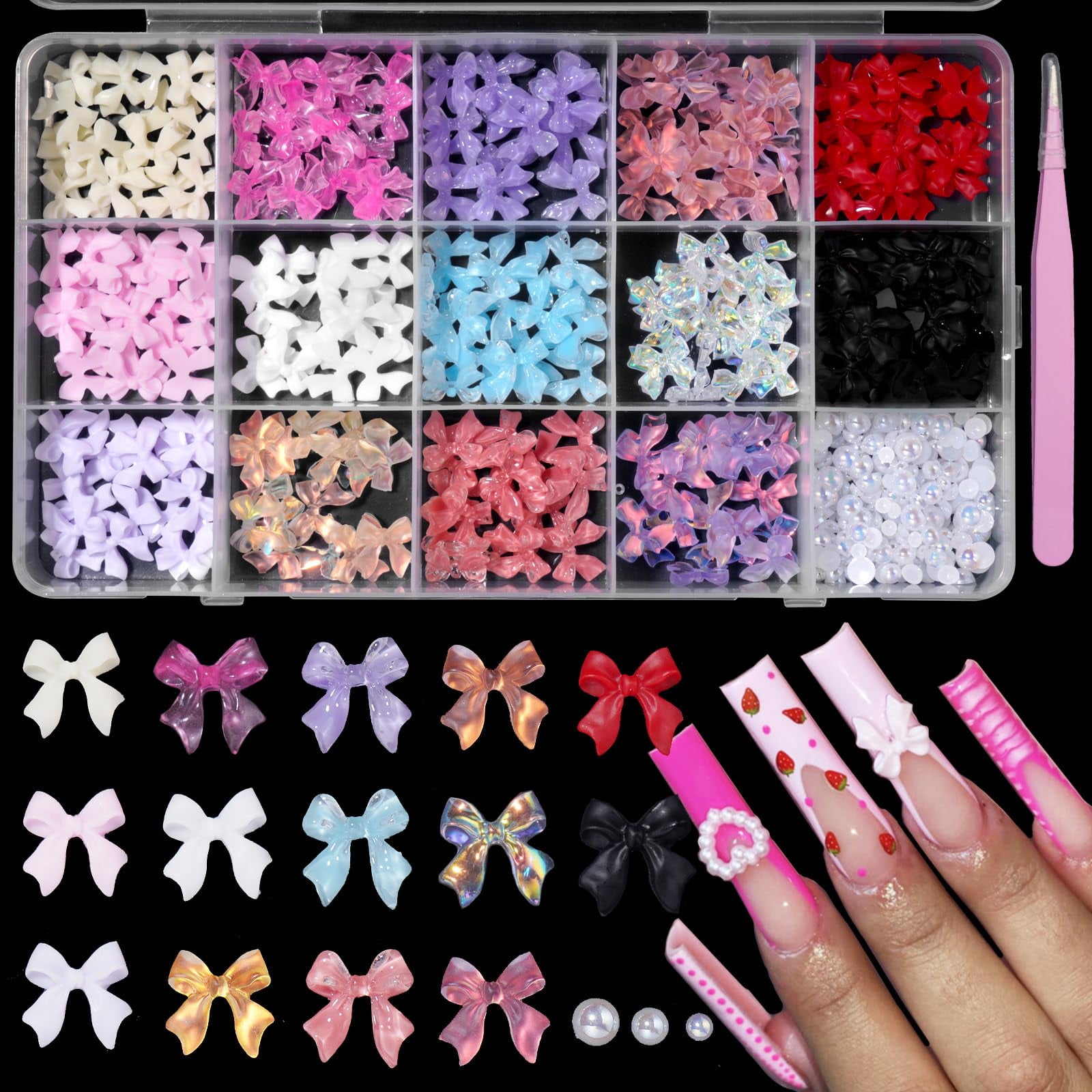 Mixed Color Variety Bows 3D Nail Charms Assorted Bows Nail Charms Mix White AB Flatback Pearls for Manicure DIY Crafts Jewelry Accessories
