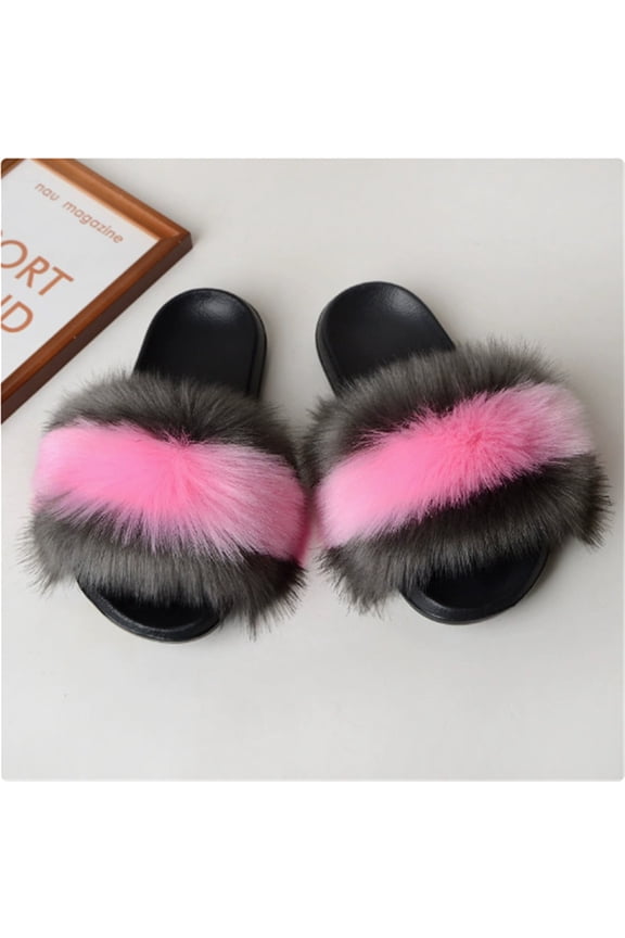 Mixed Colors Faux Fur Slides for Women–Fluffy Mixed Colors Furry Sandals Girl's Slippers Indoor & Outdoors
