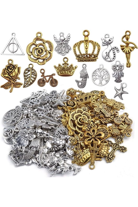 Mixed Craft Charms Pendants, About 100 Pieces Mixed Antique Silver and Gold Small Pendants Charms Jewelry Findings Making Accessory for DIY Necklace Bracelet Earrings