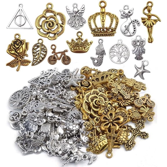 Mixed Craft Charms Pendants, About 100 Pieces Mixed Antique Silver and Gold Small Pendants Charms Jewelry Findings Making Accessory for DIY Necklace Bracelet Earrings