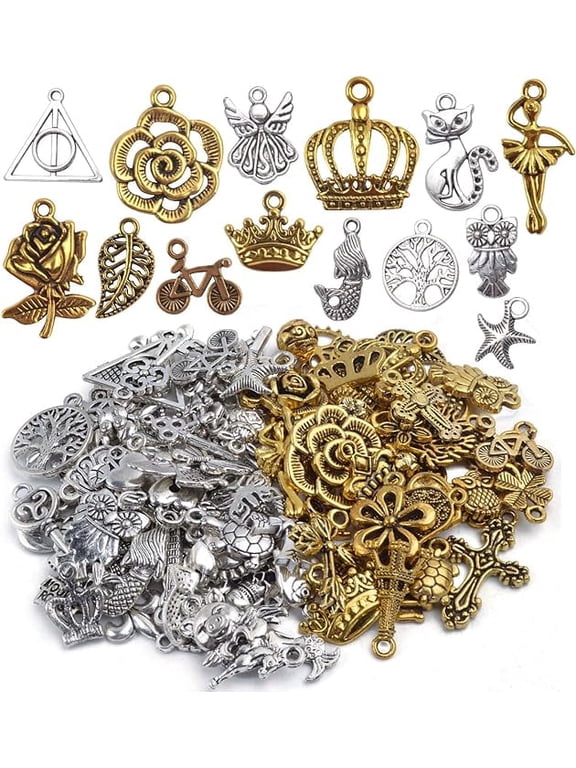 Mixed Craft Charms Pendants, About 100 Pieces Mixed Antique Silver and Gold Small Pendants Charms Jewelry Findings Making Accessory for DIY Necklace Bracelet Earrings
