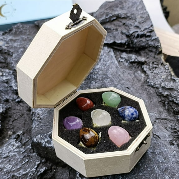 Mixed Crystal Gemstone Set with Wooden Box (7 Stones) – Amethyst, Sodalite, Tiger Eye, Yellow Calcite – Thumb Size Healing Crystals for Crafts, Making, Home Decor Gift Set