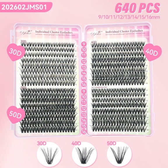 Mixed D Curl Cluster Lash Book, 30D-100D Fluffy Thick Reusable DIY False Eyelash Extensions, 30/32 Rows 600/640 Clusters for Daily Bridal Salon Use
