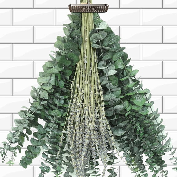 Mixed Dried Eucalyptus Stems with Lavender Flowers Bundle for Shower, 17'' Natural Leaves Branches Hanging Shower Plant SPA Home Fragrance Bathroom Table Vase Decor, 2 Pack