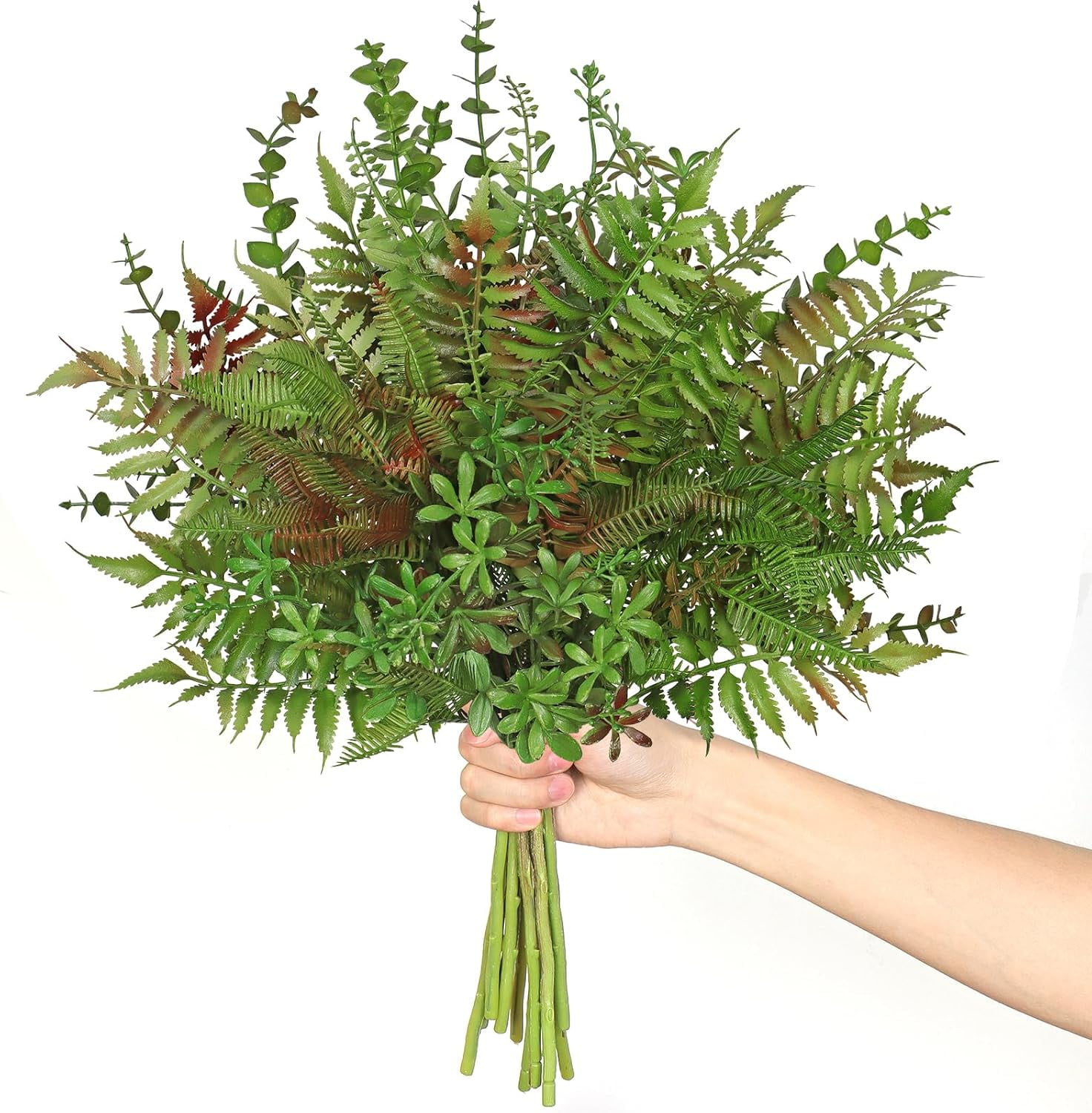 Mixed Eucalyptus Leaves Stems 12PCS, Artificial Plants Boston Fern Fake Branches Faux Shrub Bushes Greenery UV Resistant Plant for Vase Wedding Floral Outdoor Indoor Decor