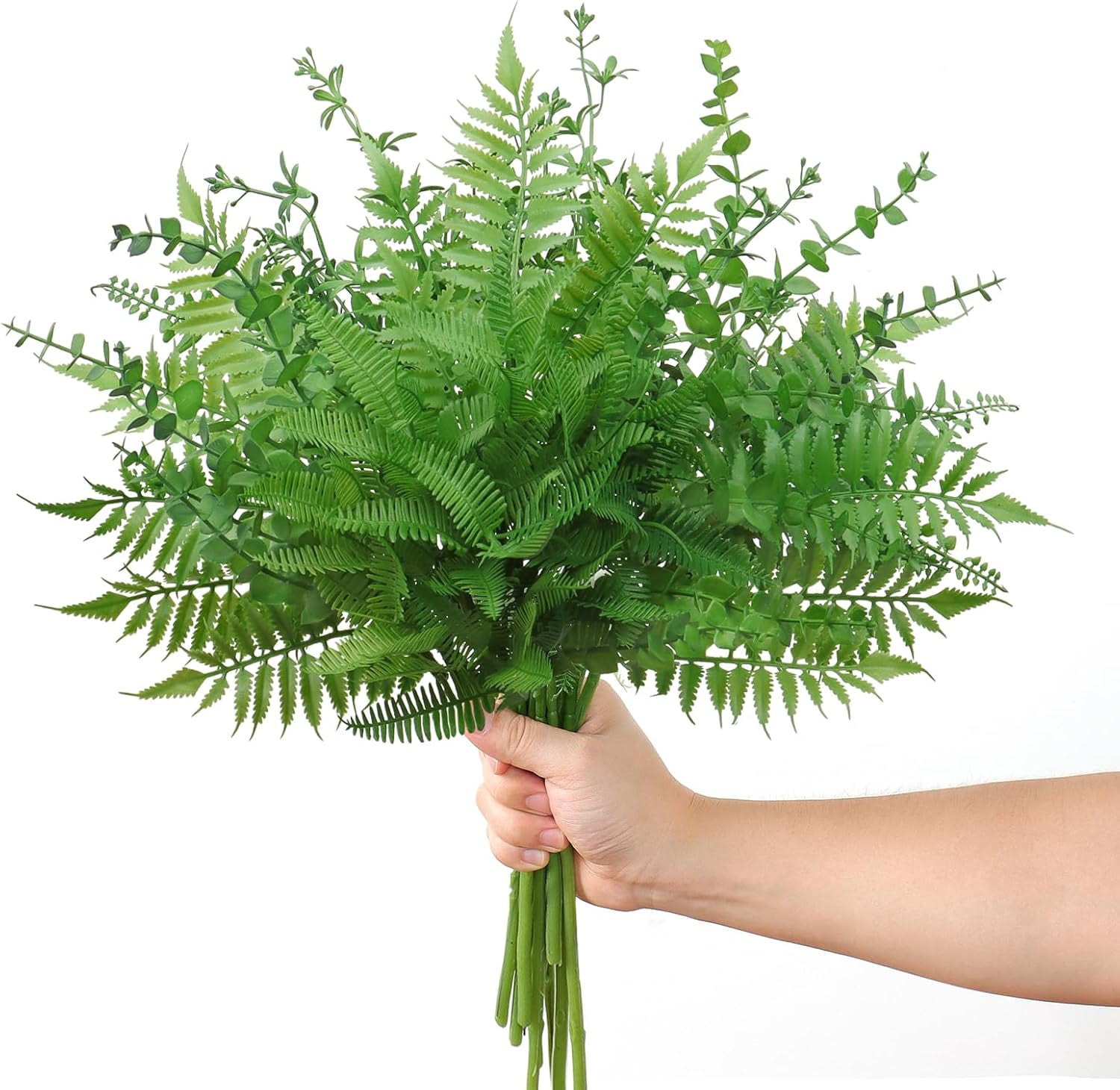 Mixed Eucalyptus Leaves Stems 12PCS, Artificial Plants Boston Fern Fake Branches Faux Shrub Bushes Greenery UV Resistant Plant for Vase Wedding Floral Outdoor Indoor Decor