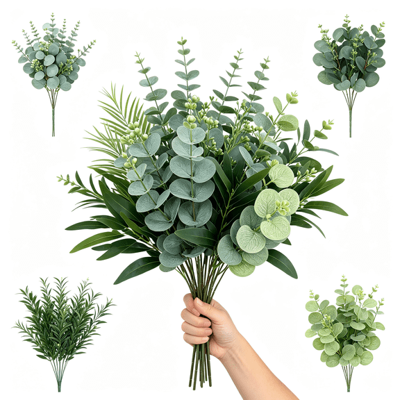 Mixed Eucalyptus Leaves Stems Bulk Artificial Eucalyptus Leaves Sprays Faux Oval Eucalyptus Leaves with White Seeds Stems for Floral Wreath Garland Bouquets Arrangement Wedding Greenery Decoration…