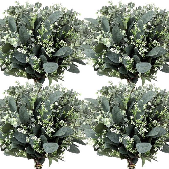 Mixed Eucalyptus Leaves Stems Bulk with White Seeds Artificial Silver Dollar Sprays Faux Oval for Wreath Garland Floral Bouquets Arrangement Wedding Greenery Decoration (20 Pcs)