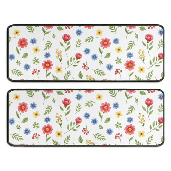 Mixed Flower White Pattern Anti Fatigue Kitchen Rugs Set Of 2, Non Slip Washable Decorative Floor Mats for Sink Laundry and Home Use, 17"x47"