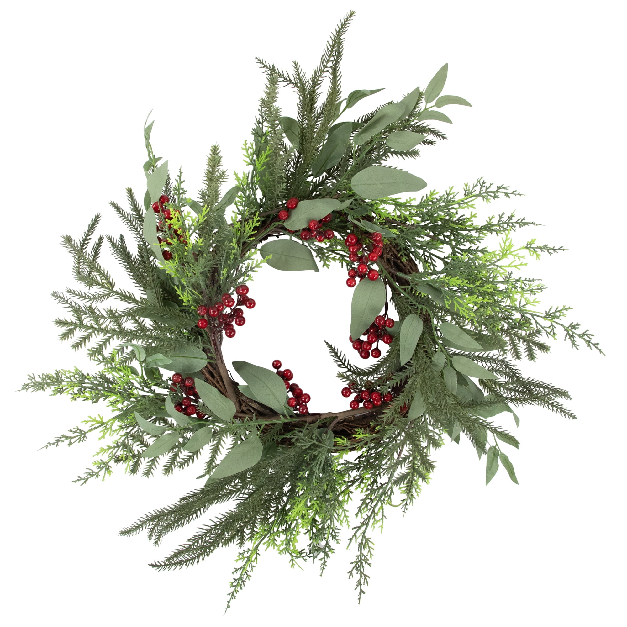 Mixed Foliage and Red Berries Artificial Christmas Wreath 24-Inch Unlit