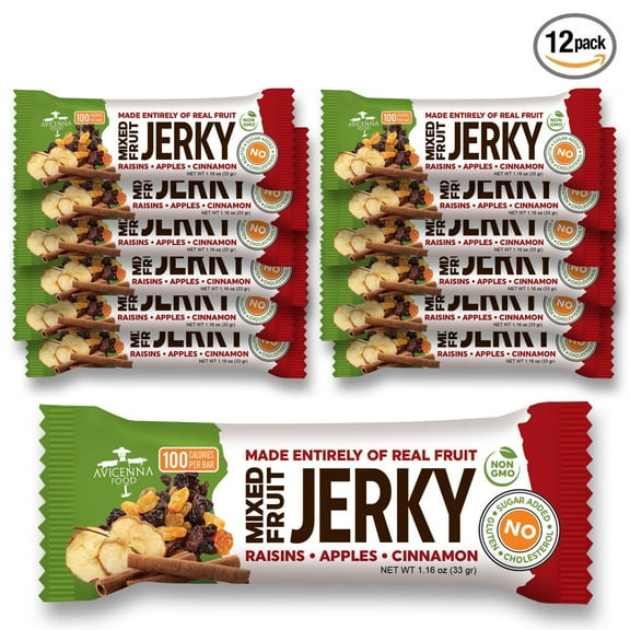 Mixed Fruit Jerky Bars - Enjoy the Health & Task with Our Natural Fruit Snacks - Gluten-Free Healthy Bars Made with Raisns , Apples & Cinnamon Without Any Artificial Flavor & Color- Pack of 12