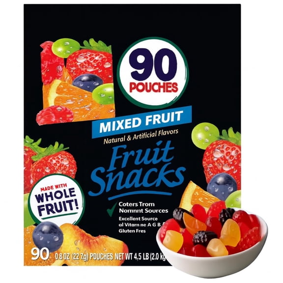 Mixed Fruit Snacks, Real Fruit Variety Pack, Gluten Free, for School Lunches, 0.8oz Each, single Serve 90 Pouches