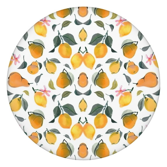 Mixed Fruits Leaves White Pattern Round Fitted Tablecloth with Elastic Edge,Dining Table Cover Waterproof,Outdoor Round Tablecloth for Camping,Dining,Indoor and Outdoor