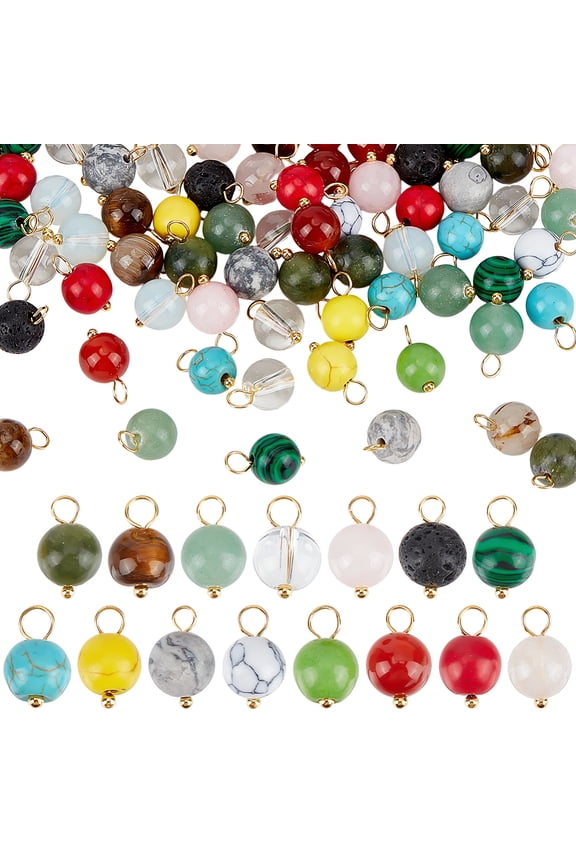 Mixed Gemstone Pendants Round Gemstone Charms Natural Stone Pendants with Loops for Jewelry MakingDIY