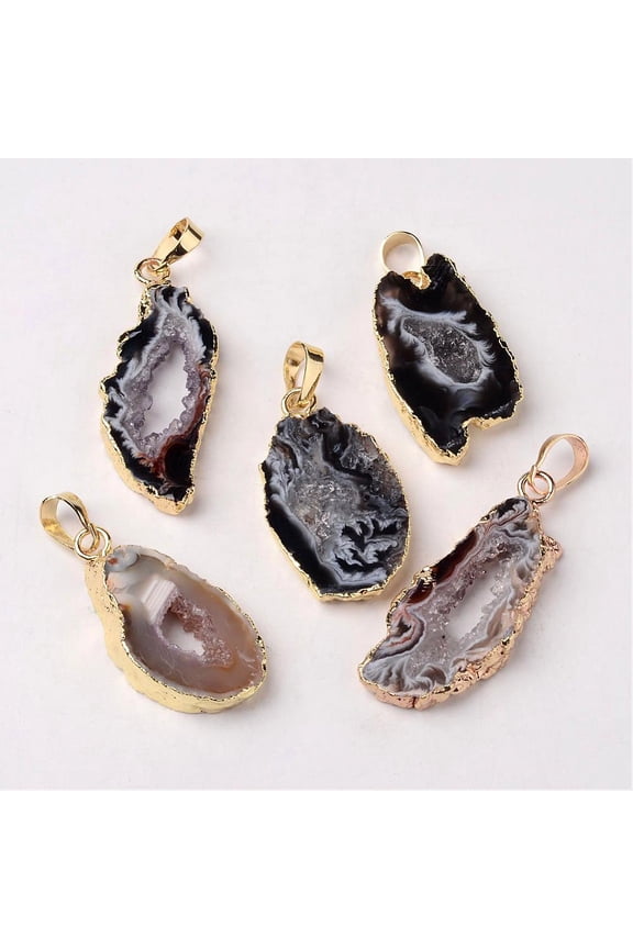 Mixed Golden Tone Brass Natural Druzy Geode Agate Slice Pendants 20~46x10~24x5mm Hole: 2~7x5mm