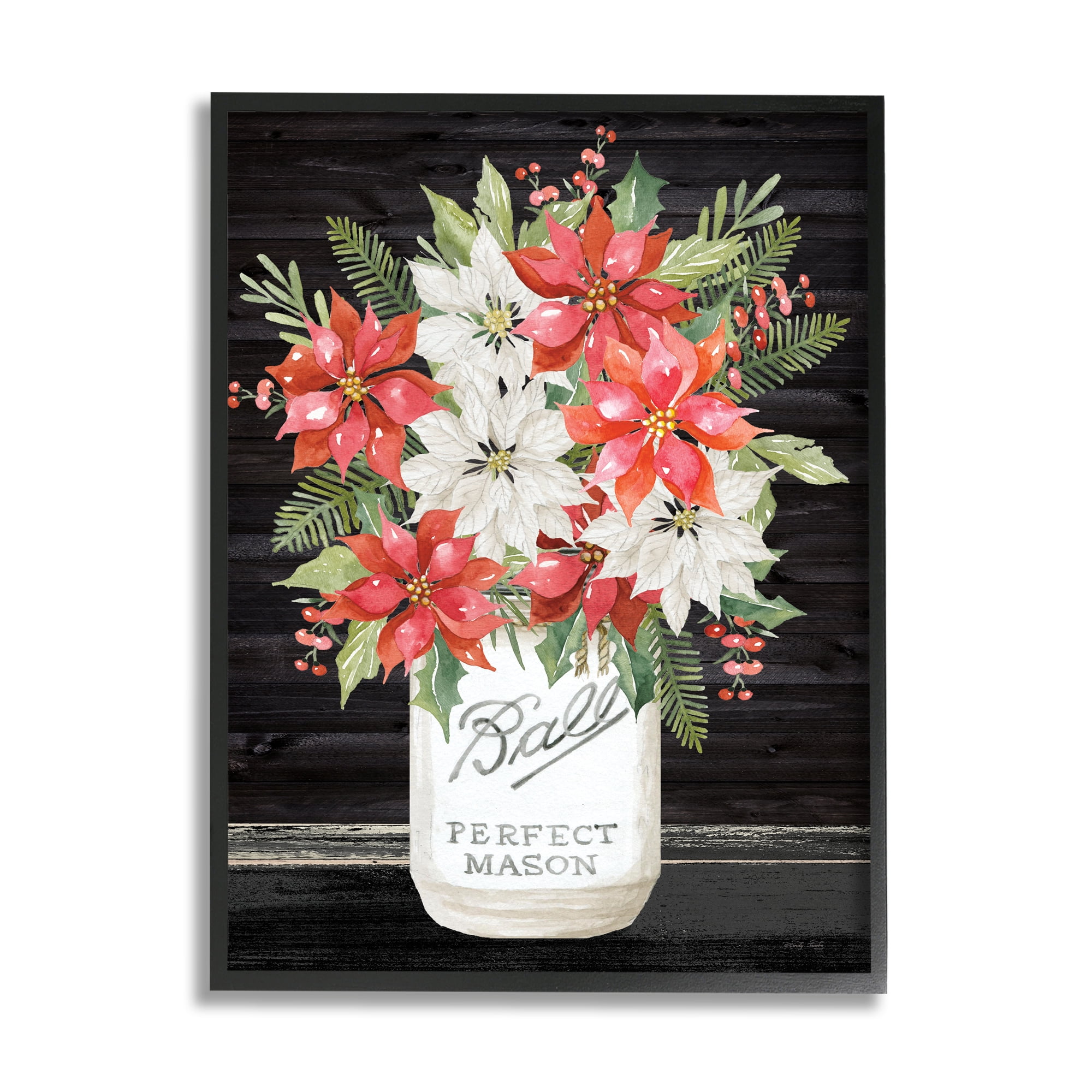 Mixed Holly Poinsettia Flower Bouquet Country Jar Botanical & Floral Graphic Art Framed Art Print Wall Art