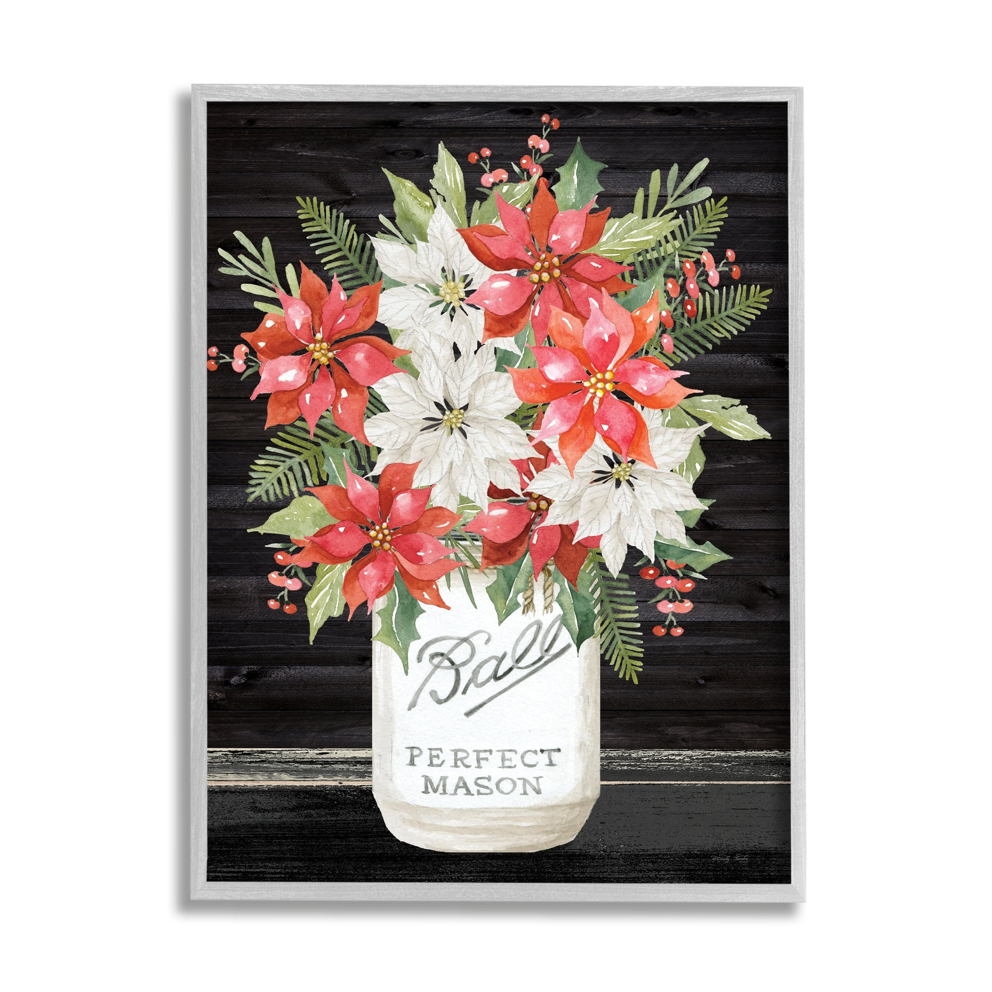 Mixed Holly Poinsettia Flower Bouquet Country Jar Botanical & Floral Graphic Art Framed Art Print Wall Art