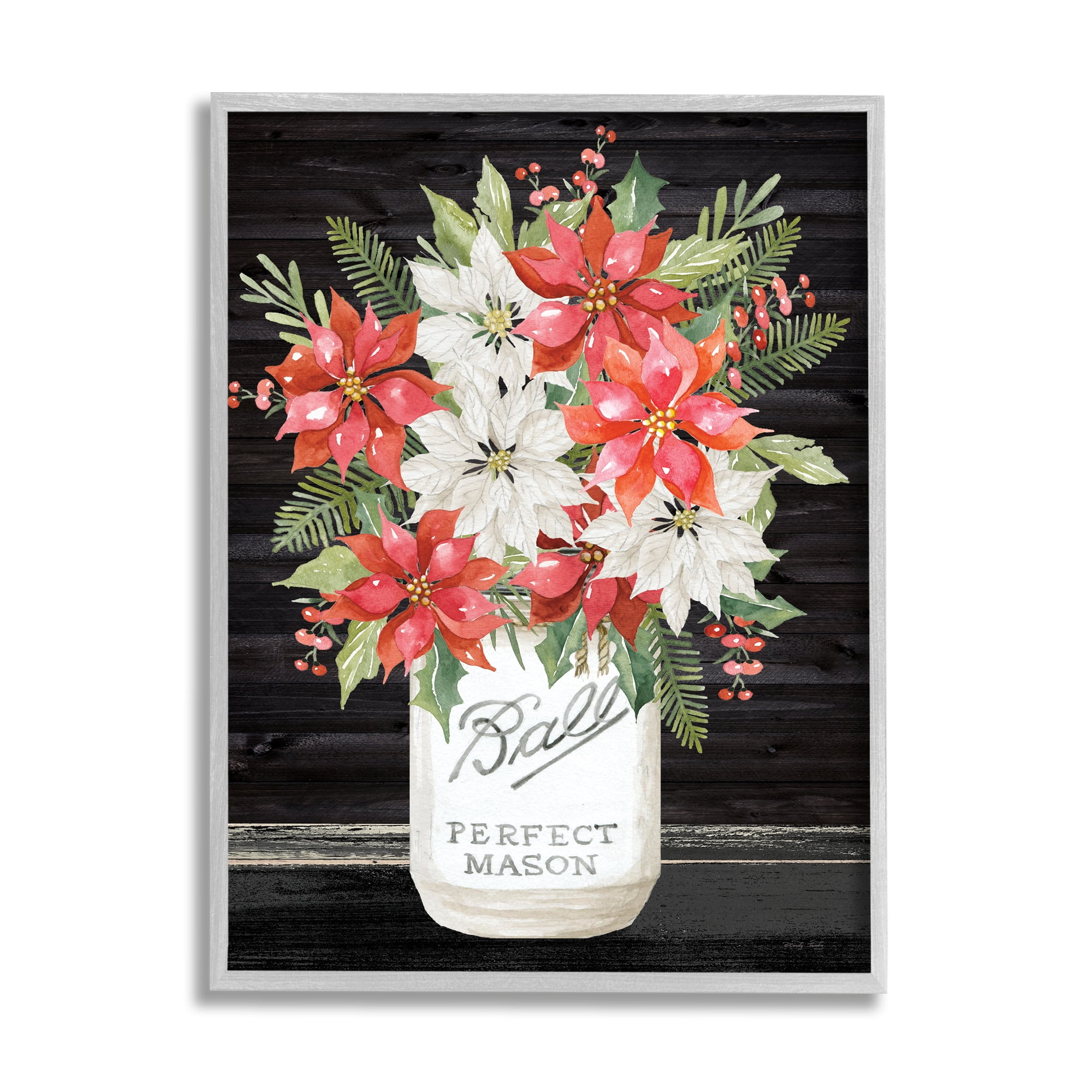 Mixed Holly Poinsettia Flower Bouquet Country Jar Botanical & Floral Graphic Art Framed Art Print Wall Art
