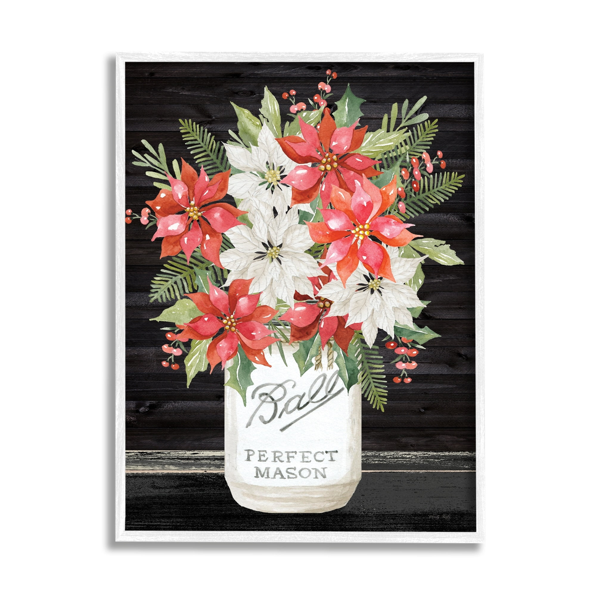 Mixed Holly Poinsettia Flower Bouquet Country Jar Botanical & Floral Graphic Art Framed Art Print Wall Art