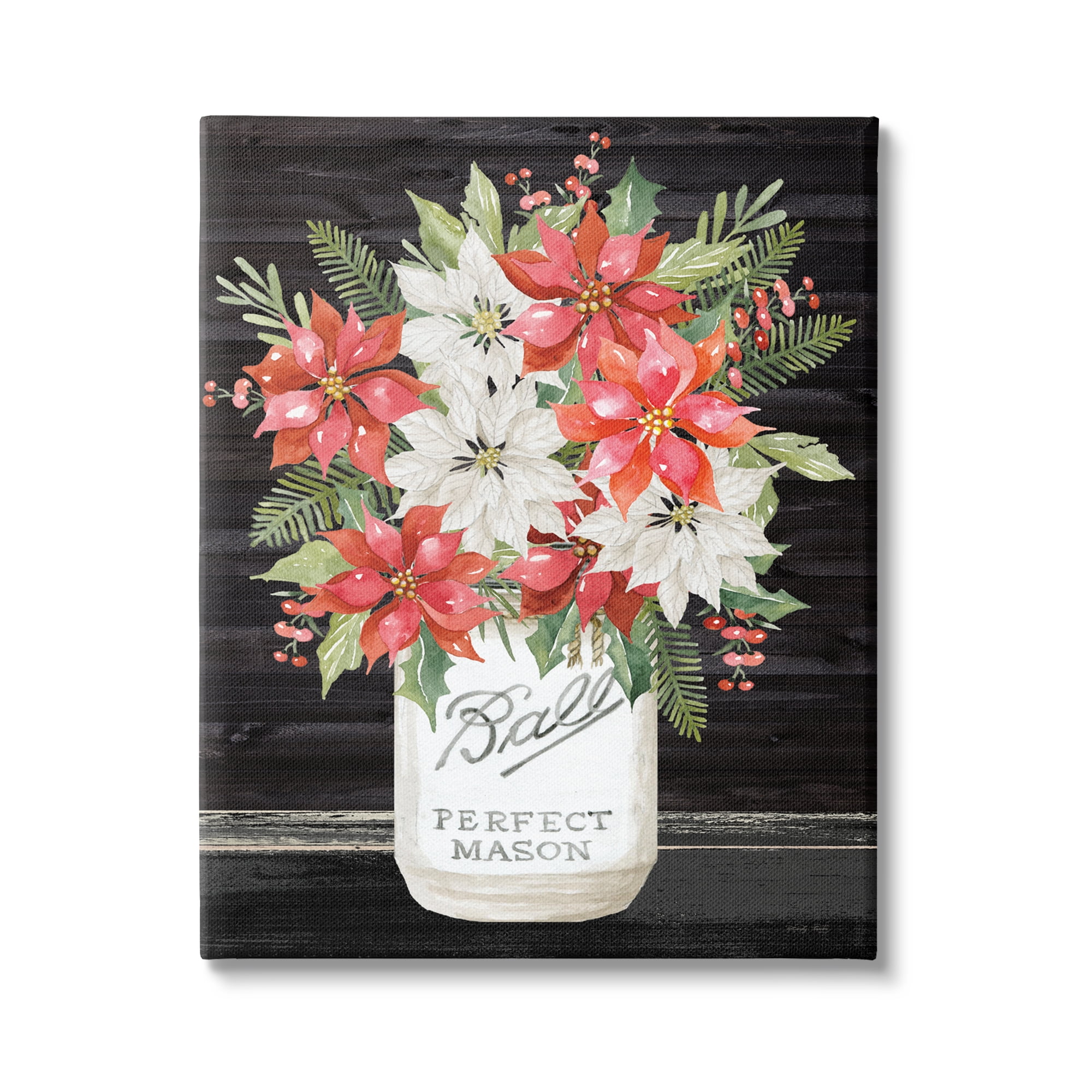 Mixed Holly Poinsettia Flower Bouquet Country Jar Botanical & Floral Graphic Art Gallery-Wrapped Canvas Print Wall Art