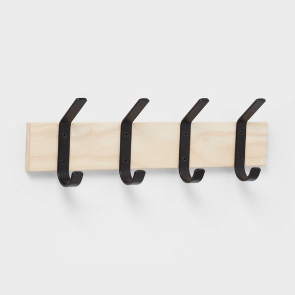 Mixed Material 4 Hooks Rail Matte Black on Light Wood - Wall Mounted Decorative Rack, Iron & Rubberwood