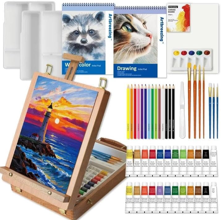 Mixed Media Art Set,55 Pack Painting Supplies Kit with Tabletop Sketch Box Easel and Various Accessories,Complete Set for Students Artists Beginners