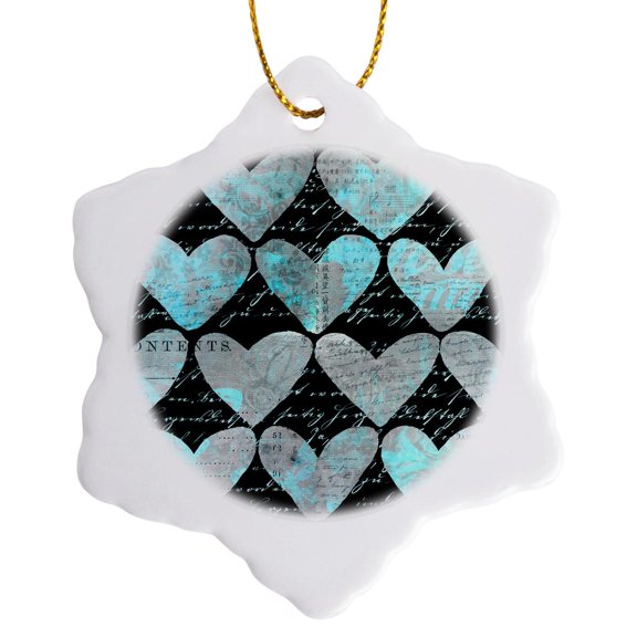 3drose, Mixed Media Art with Hearts and Typography Elements Turquoise and Black, 3 inch Snowflake Porcelain Ornament