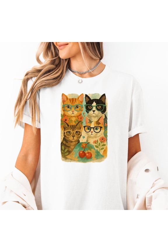 Mixed Media Cat Collage Shirt Quirky Vintage Cats in Glasses Retro Torn Paper Style Tee Abstract Funny Artistic Cat Lover Graphic Tee