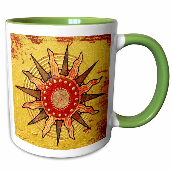 3drose, Mixed Media Collage Art Painting with Abstract Sun Ornament, 11oz Two-tone Green Mug