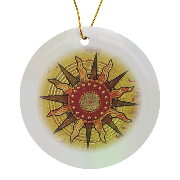 3drose, Mixed Media Collage Art Painting with Abstract Sun Ornament, Circle Porcelain Ornament