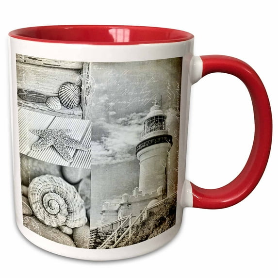 3drose, Mixed Media Collage of Byron Bay Lighthouse with Sea Shells, 15oz Two-tone Red Mug