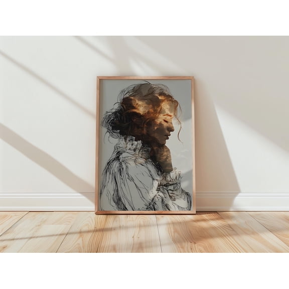 Mixed Media Woman Profile Line Drawing Warm Brown Cloud Portrait, Stretched Canvas