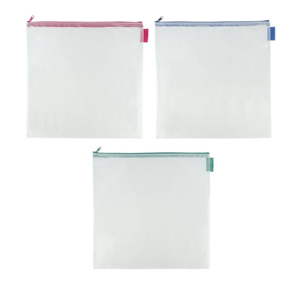 Mixed Mesh Zipper Pouches by Simply Tidy – 13.5" x 13.5" Reinforced Square Document Bags with Assorted Zipper Colors - 12 Pack