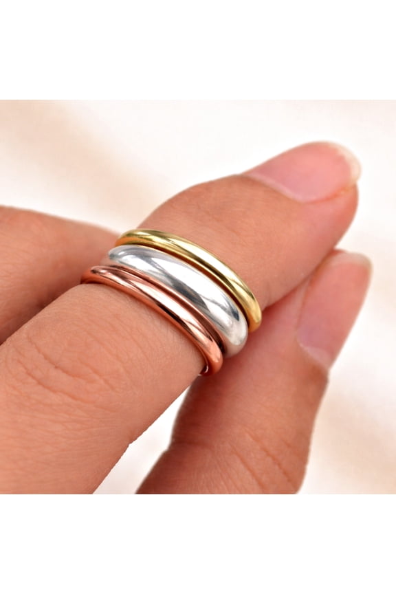 Mixed Metal Dome Ring Set – Silver Copper Brass Stacking Band Rings, Minimalist Handmade Jewelry