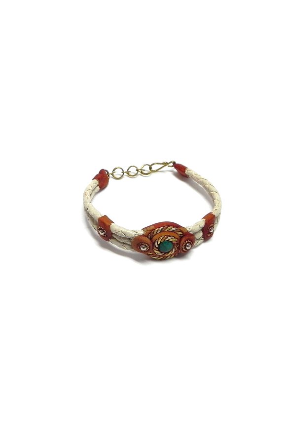 Mixed Metal Spiral Round Healing Gemstone Chrysocolla Cabochon Braided Dyed Leather Bracelet - Womens Fashion Handmade Jewelry Boho Accessories