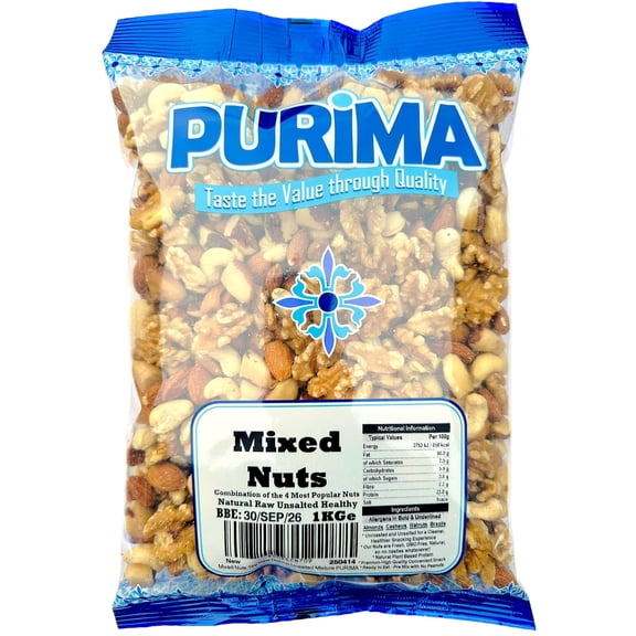 Mixed Nuts 1kg Fresh 4 Nut Mix of Cashews Almonds Walnuts Brazil Mixture - Selection of Raw Whole Natural Plain Unsalted Unroasted - No Peanuts Healthy Snacks Large Bulk for Eating Keto Gift PURIMA