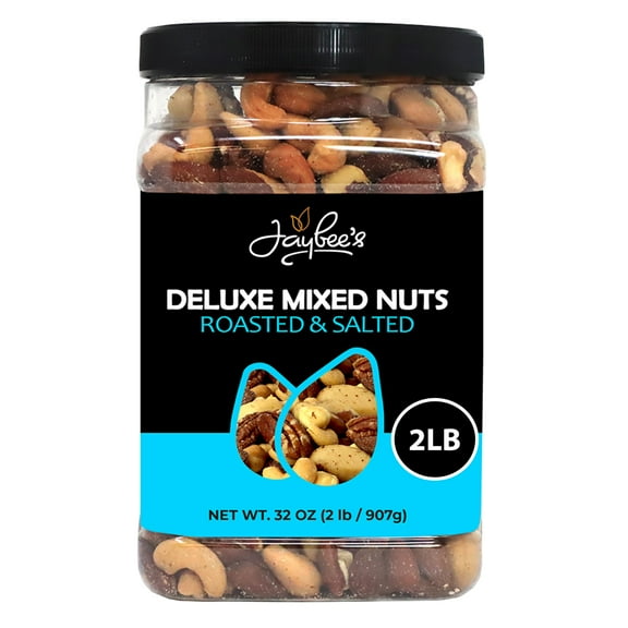 Mixed Nuts Deluxe - Roasted & Salted | 32 oz Reusable Container | Healthy Gourmet Variety Snack Mix with Cashews, Almonds, Brazil Nuts, Pecans, Hazelnuts (No Peanuts) Holiday Gifts | Keto, Vegan Frie