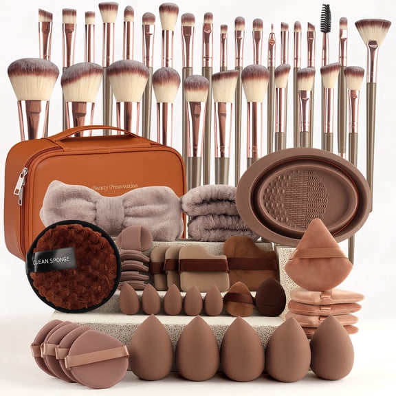 Mixed Packing 67-Piece Coffee Color Makeup Brush Set Complete Beauty Tool Kit with Puffs & Essentials