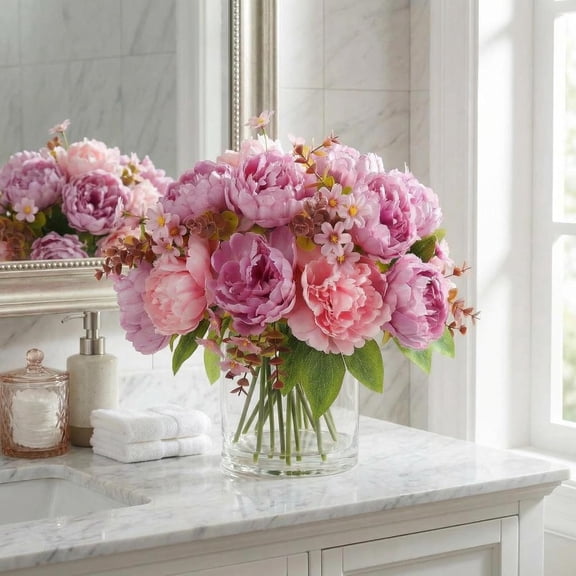 Mixed Peonies Bouquet, Silk Faux Peony with Glass Bottle and Faux Water for Home Decor Wedding Bouquets Table Centerpieces