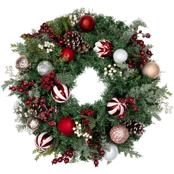 Mixed Pine with Christmas Ball Ornaments Artificial Wreath 28-Inch Unlit