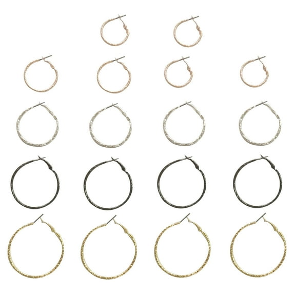 Women's Mixed Plate Textured Hoop Earrings Set – Goldtone, Metal, Black – Hypoallergenic