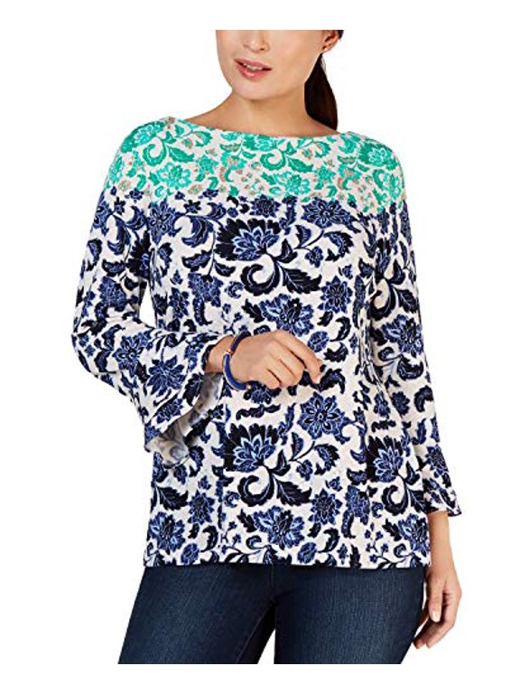 Mixed-Print Boat-Neck Top Intrepid Blue Combo XS